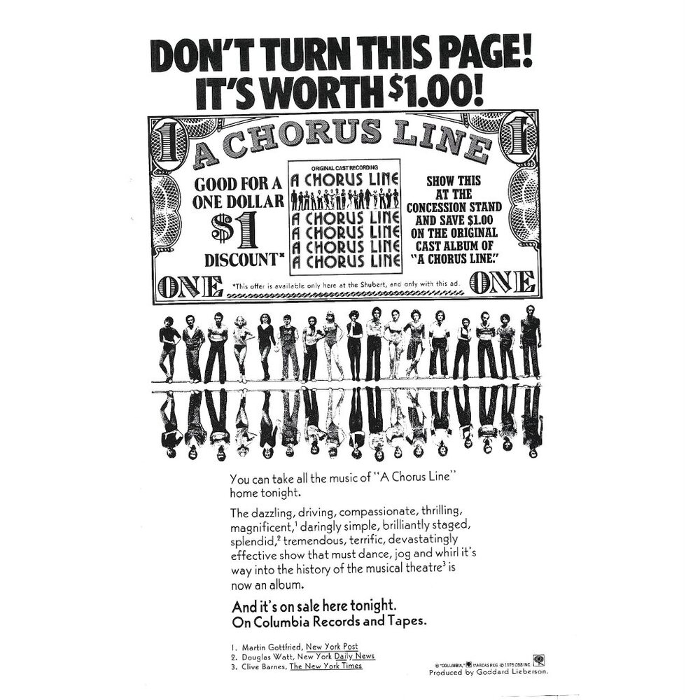 Chorus Line Musical Ad Coupon Columbia Records 1970s Vintage Print Ad 9 inch